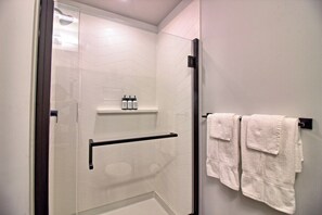 Douche, séchoir à cheveux, serviettes fournies