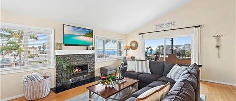 Smart TV, fireplace, books, stereo