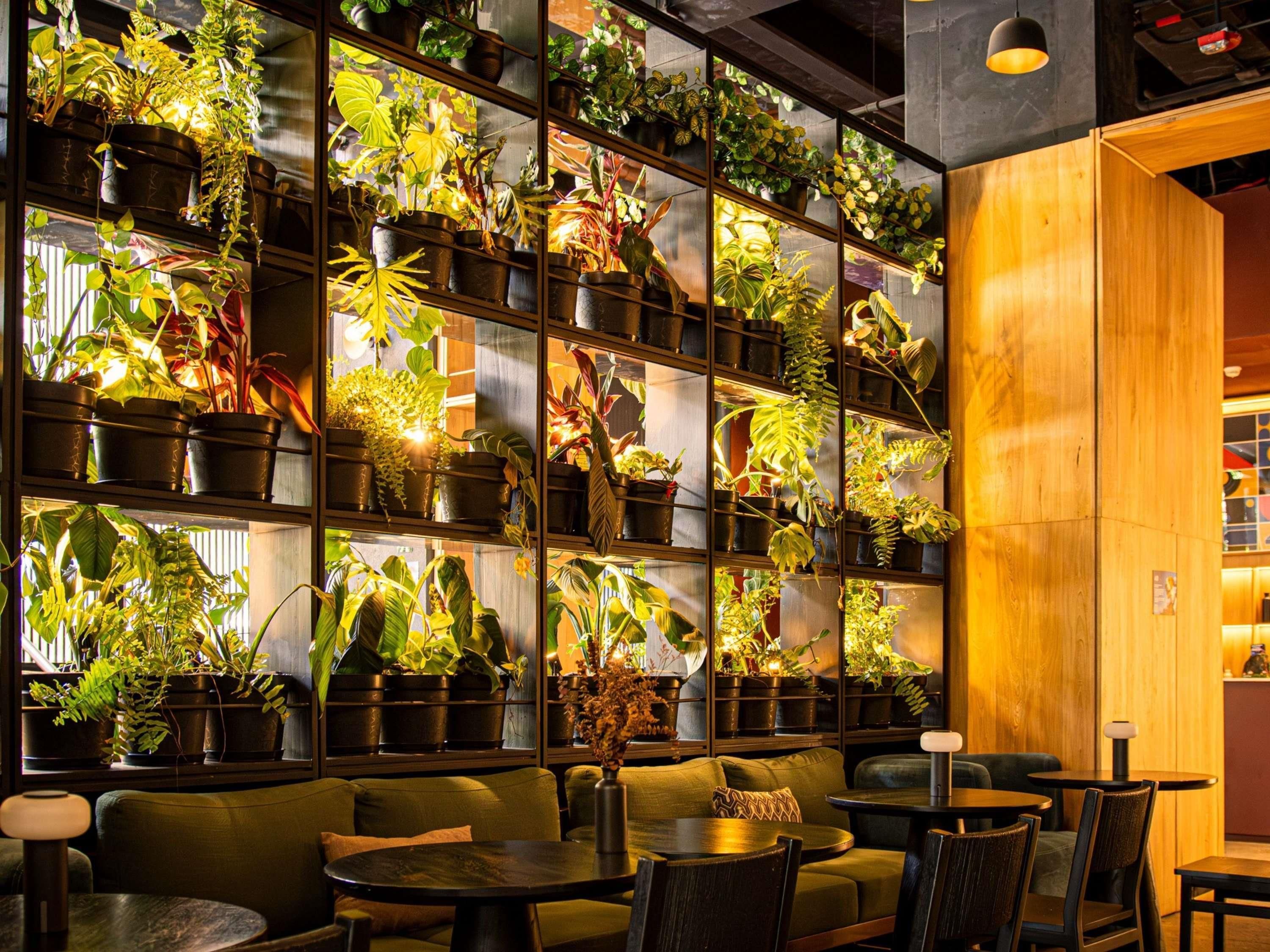 Un espace salon accueillant, agrémenté d’un mur de plantes en pot, de touches de bois et d’un design moderne.