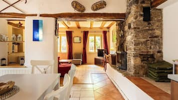 Smart TV, fireplace, books, stereo