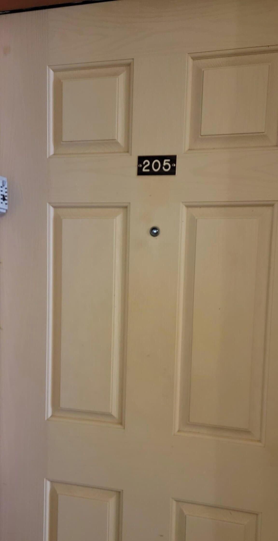 Une porte de couleur beige avec une plaque indiquant le numéro de la chambre : 205.