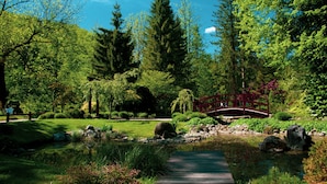 Un jardin paisible avec un étang, un pont en bois et une végétation luxuriante.