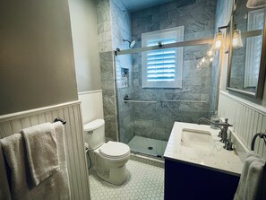 A bathroom with a toilet, shower, and sink. - Beautiful Craftsman Style Home; Peaceful backyard; Close to Main (Fredericksburg)