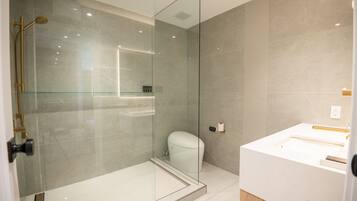 Un baño moderno con ducha de vidrio, lavamanos blanco y un inodoro.