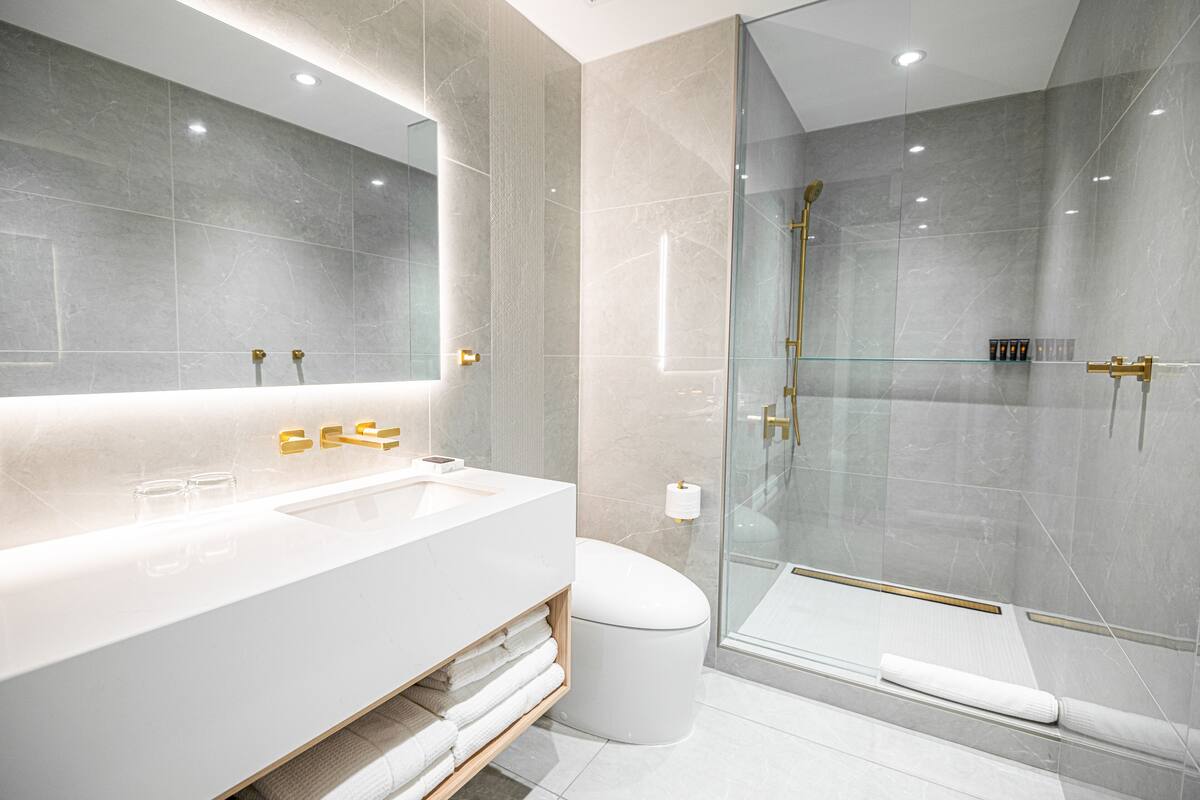 deluxe suite | bathroom | hair dryer, bathrobes, electronic bidet, towels