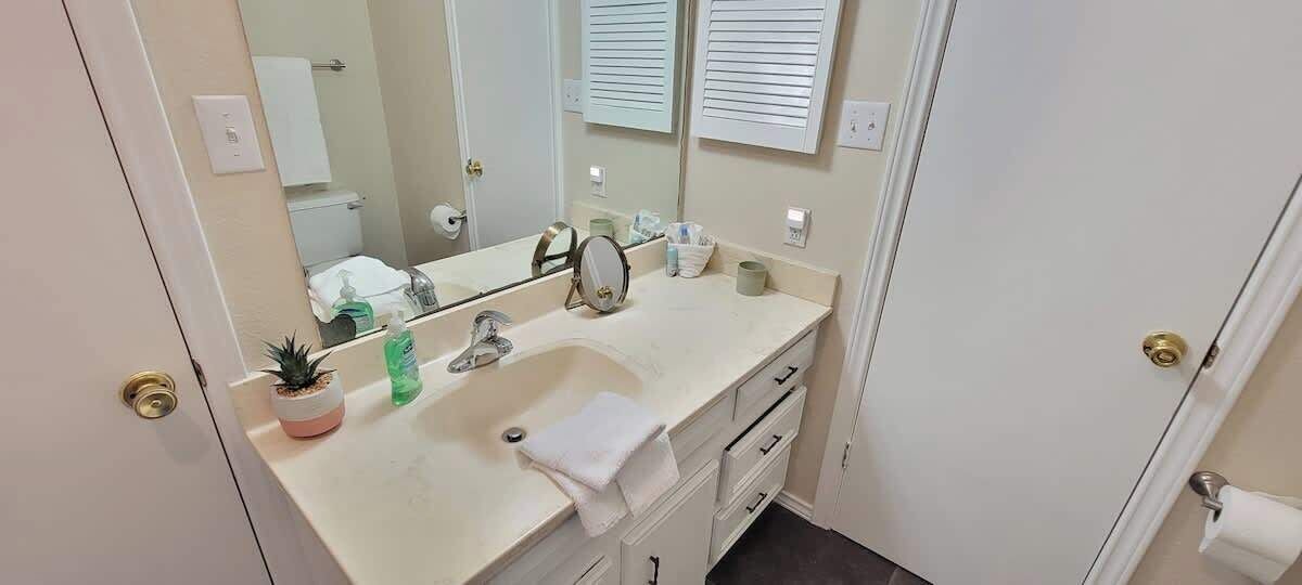 Un bagno con un lavandino bianco, uno specchio, un asciugamano e una pianta in vaso.