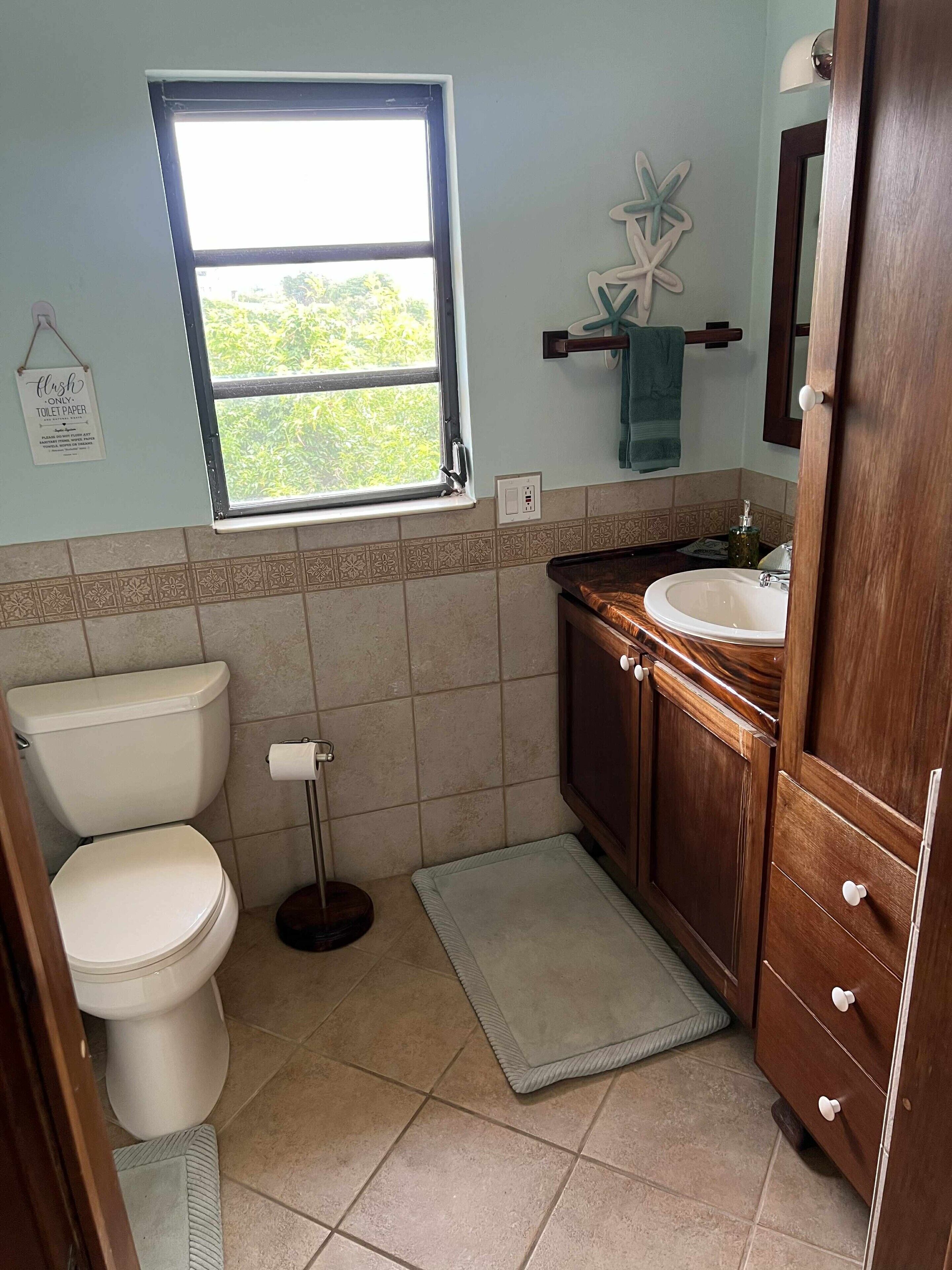 A bathroom with a toilet, sink, vanity, and a window with a view of greenery.