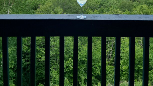 A glass of white wine on a balcony with a view of a forested valley and mountains under a blue sky with clouds. - Ski In/Ski Out Winterplace 2BR+Loft W/Fireplace, Hot Tub and Pool Access (Ludlow)
