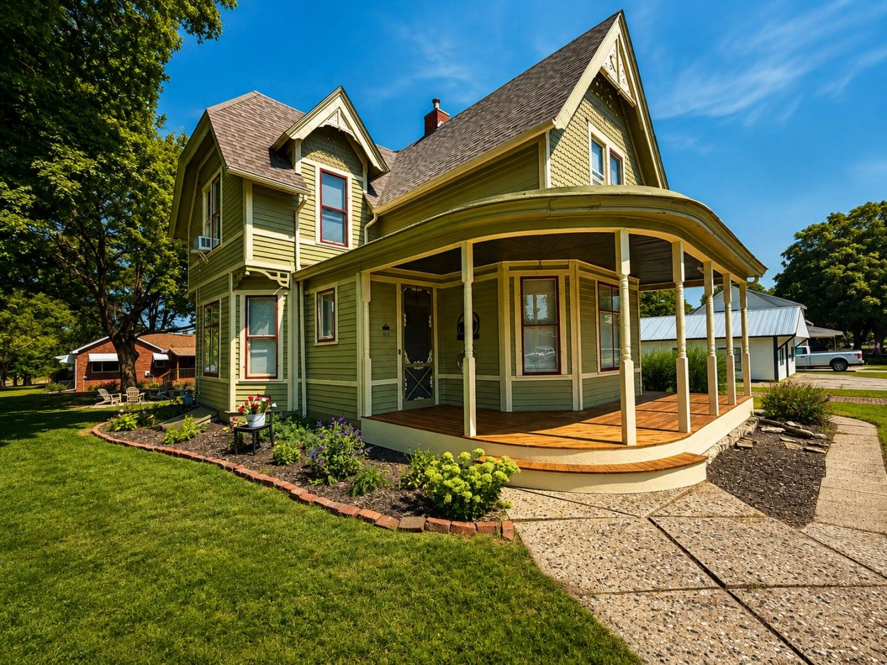 A two-story house with a wrap-around porch, a front yard with a lawn and garden beds, and a neighboring building.