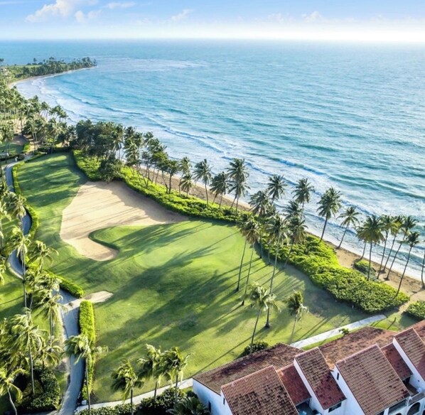 A golf course with a sandy green, palm trees, and a view of the ocean.