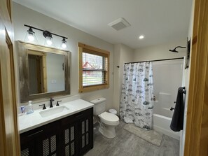 Combined shower/tub, hair dryer, towels, soap