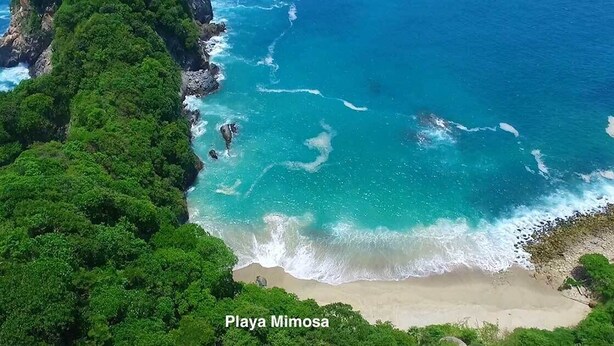 An aerial view of Playa Mimosa, featuring a beach with clear turquoise waters, lush green vegetation, and rocky cliffs. - VillaParaisoAca,  With Beautiful View & Private Beach.  Christmas Special. (Acapulco)