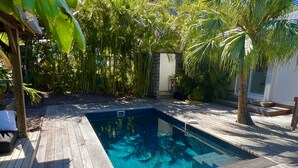 En rektangulær swimmingpool med en træterrasse hele vejen rundt, beliggende i en frodig have med forskellige planter og træer.