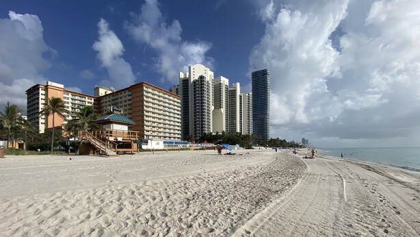 A beach with a sandy shore, palm trees, and buildings in the background. - Beachfront condo in Miami! (Sunny Isles Beach)