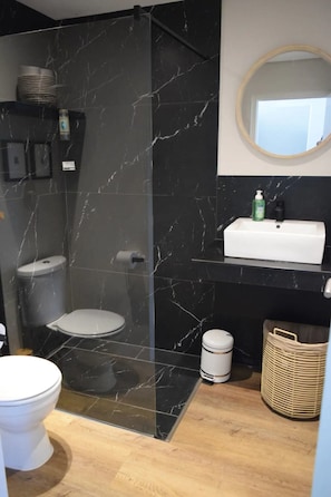 A bathroom with a glass-enclosed shower, a toilet, a sink, and a mirror.