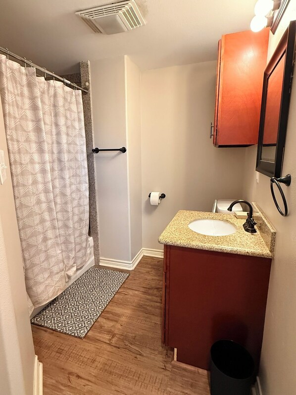 Une salle de bain avec une douche, un lavabo, des toilettes et un miroir.