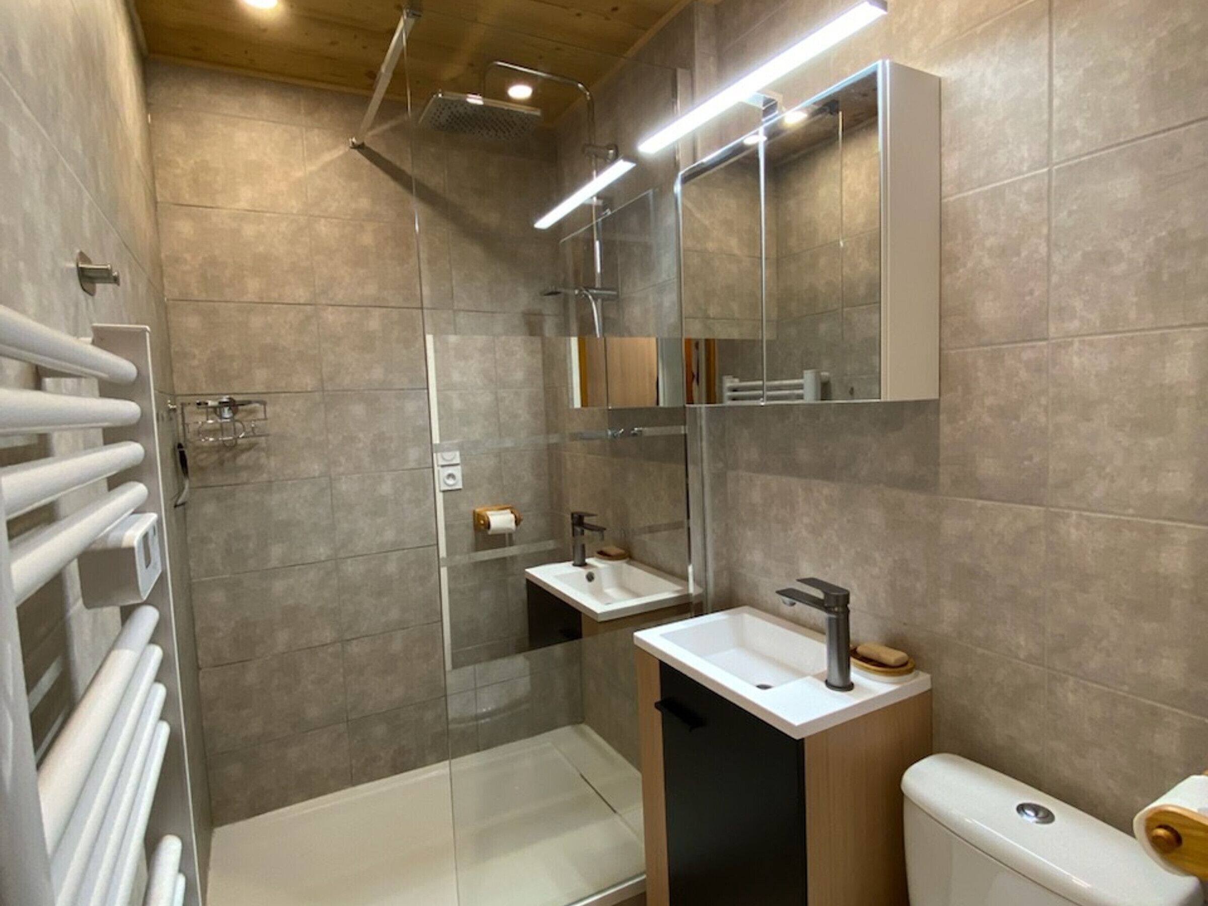A modern bathroom with a glass shower enclosure, a white sink, and a toilet.
