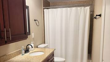 Tina con regadera, toallas, jabón, papel de baño