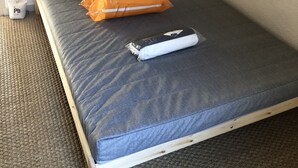 Un letto singolo con materasso grigio, testiera in legno e due cuscini.