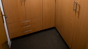 Ein Zimmer mit Holfschränken, einem schwarzen Teppich und einer Deckenleuchte.