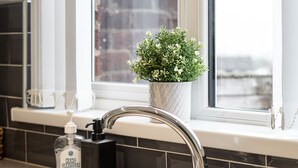 A kitchen sink with a faucet, a soap dispenser, and a potted plant on the windowsill.