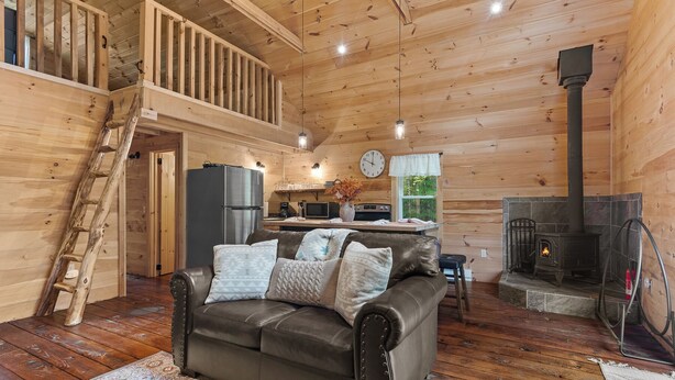Un intérieur de chalet chaleureux avec une chambre à coucher en mezzanine, un salon doté d’un canapé en cuir, un coin cuisine et un poêle à bois.