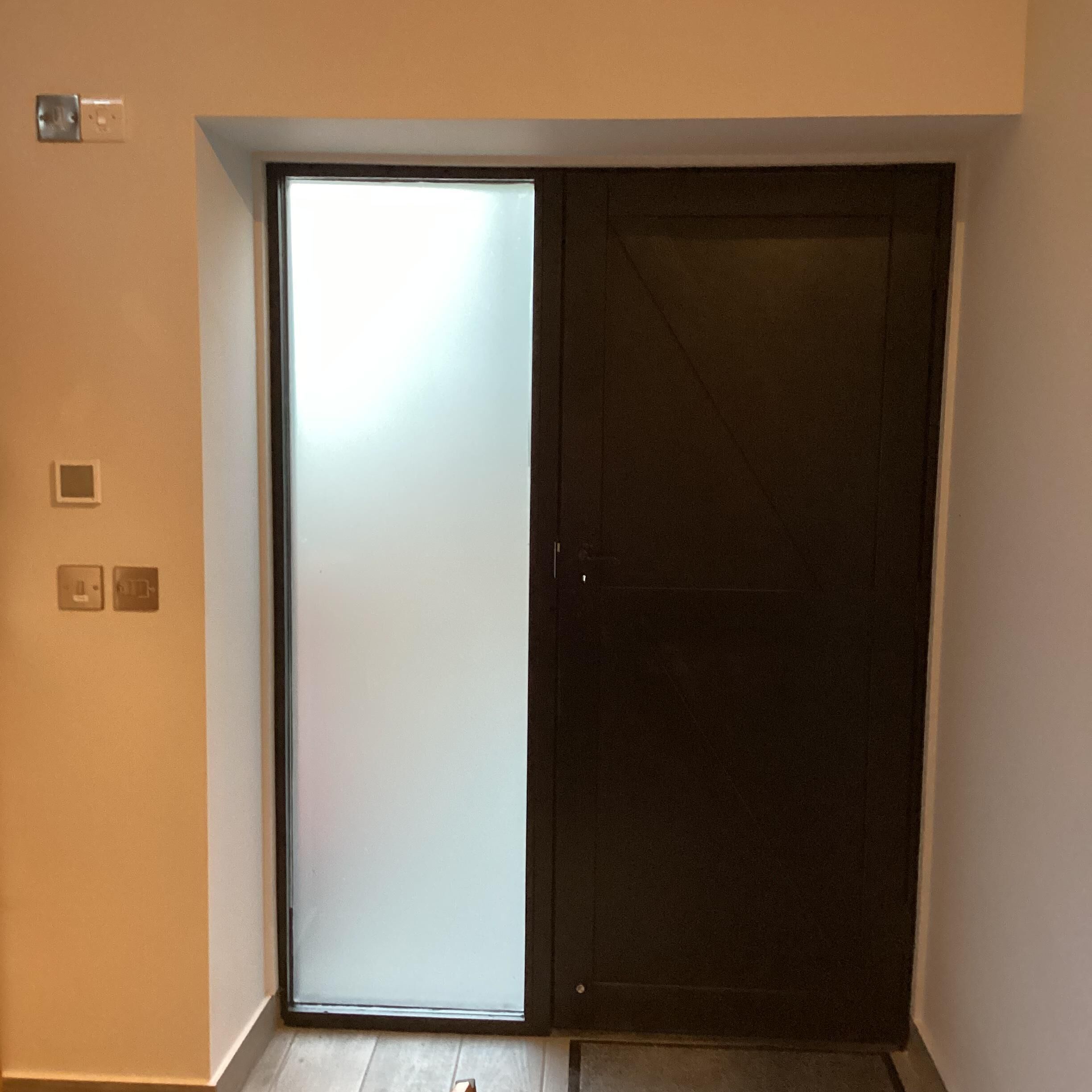 A room with a dark door, a light switch, and a power outlet on the wall.