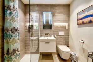 Chuveiro, secador de cabelo, toalhas de banho 