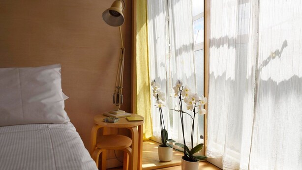 Une chambre à coucher avec un lit, un bureau avec une lampe, une chaise et une fenêtre avec des rideaux et des orchidées.