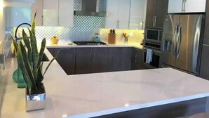 A modern kitchen with dark cabinets, a white countertop, and stainless steel appliances including a refrigerator and oven. - Mid-Century Private PoolSpa GolfResort LushGardens (New York)
