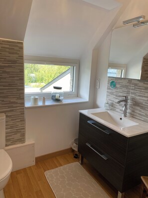 Tina con regadera, secadora de cabello, jabón, shampoo 