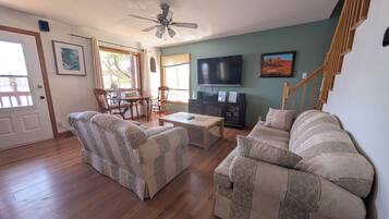 Smart TV, fireplace, DVD player, books