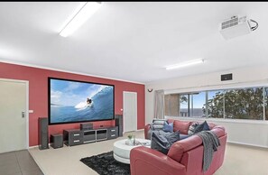 Smart TV, fireplace, DVD player, books