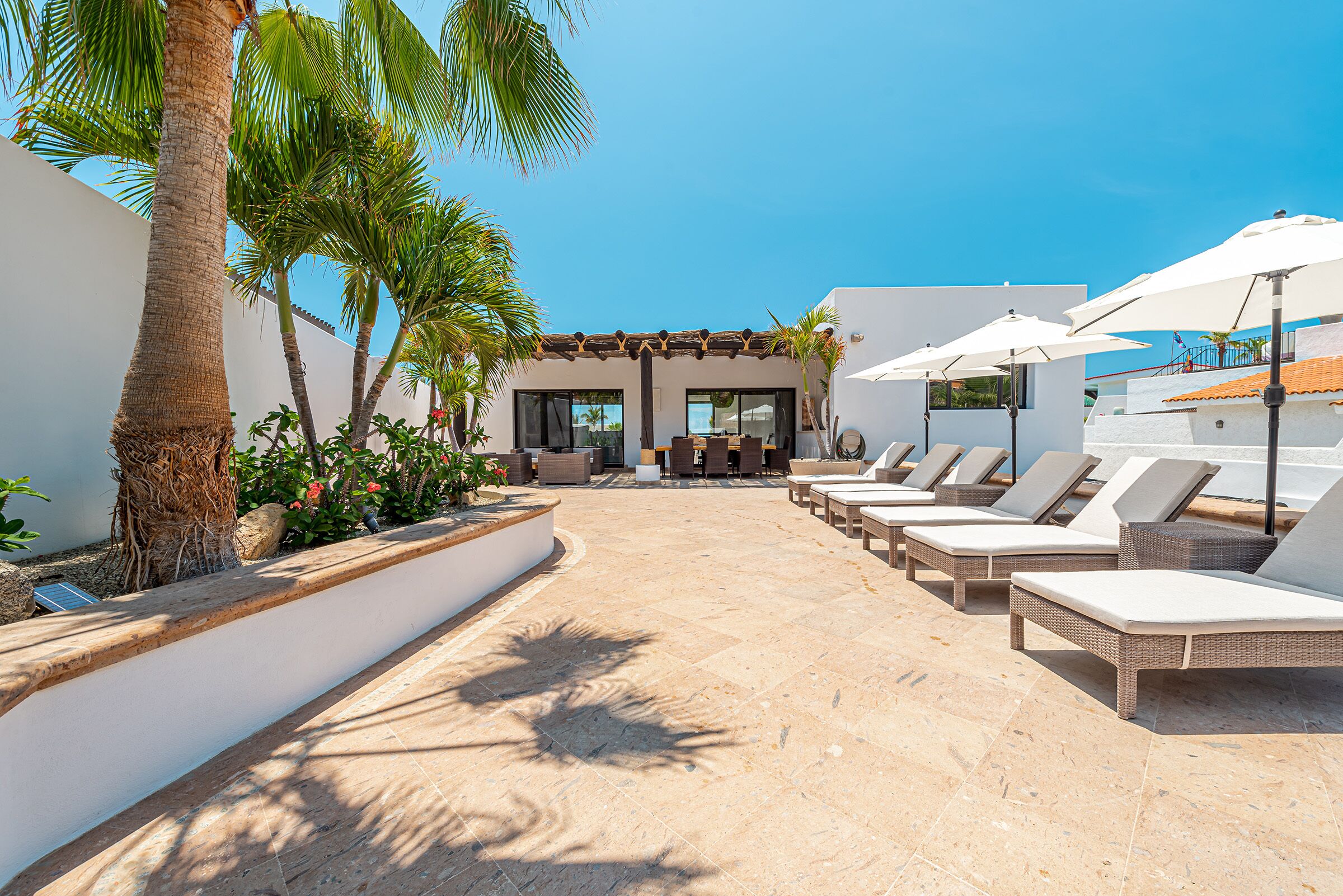 A sunlit outdoor lounge area with lounge chairs and umbrellas, palm trees, and a building with large windows.