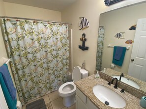 Hair dryer, towels, toilet paper