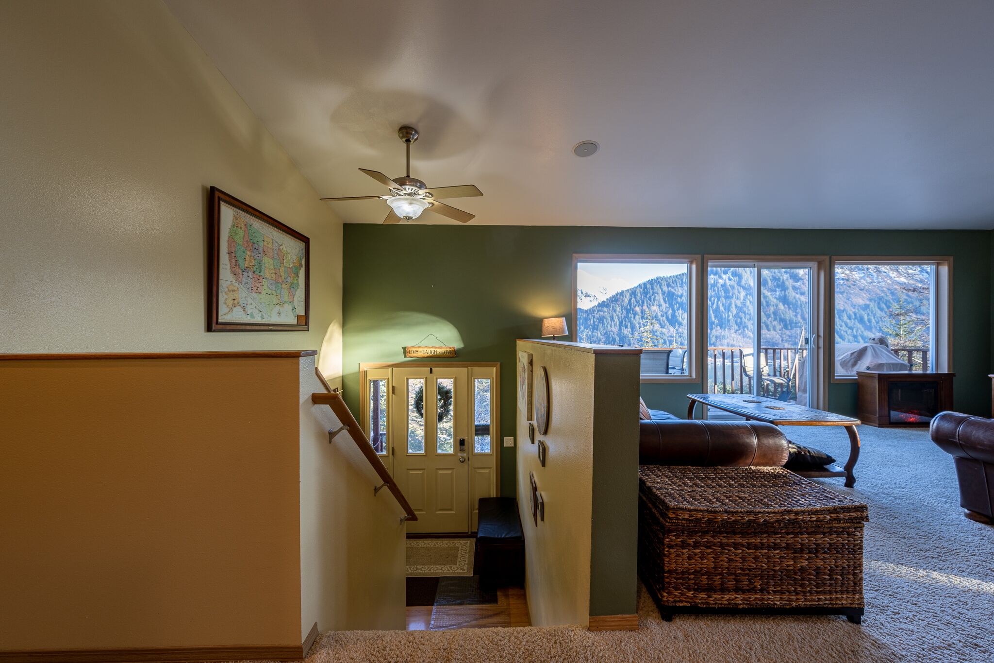 Télévision, cheminée, lecteur de DVD, chaîne hi-fi