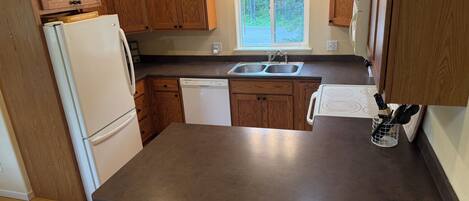A kitchen with wooden cabinets, a refrigerator, a dishwasher, a sink, and a window with a view of trees.