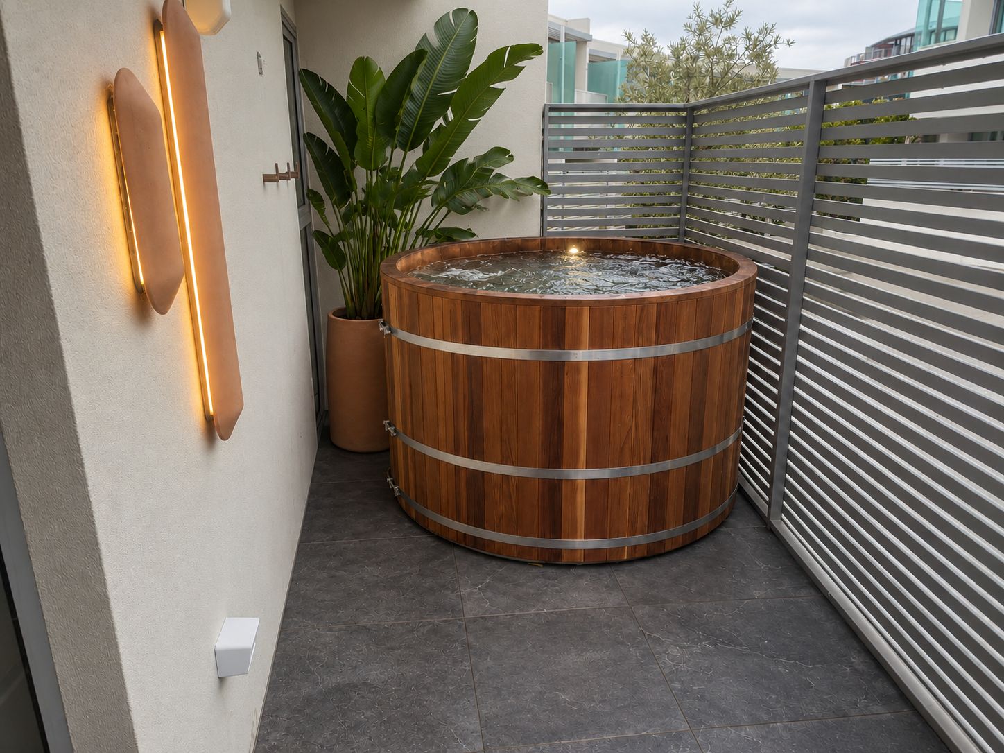 Un espacio de spa con un jacuzzi de madera, una planta en maceta y una lámpara moderna.
