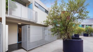 Un bâtiment moderne doté d’un toit plat, d’un balcon avec un treillis métallique et d’une grande plante en pot placée au premier plan.