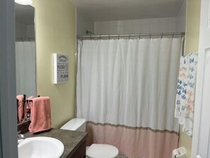 Combinazione doccia/vasca, asciugamani, sapone, carta igienica