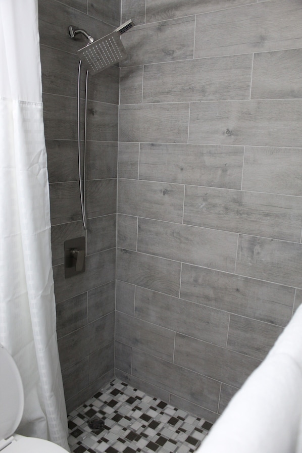 Douche, séchoir à cheveux, serviettes fournies, savon