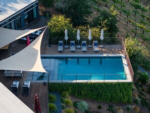 A rooftop pool with lounge chairs and umbrellas, surrounded by greenery and a vineyard.