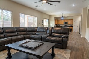 Smart TV, DVD player, table football, computer monitors