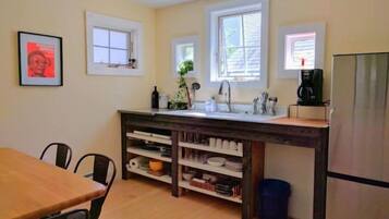 Fridge, microwave, coffee/tea maker, electric kettle