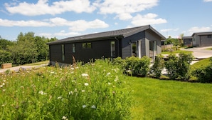 Een modern, twee verdiepingen tellend huis met een donkere gevel, een schuin dak en een voortuin.