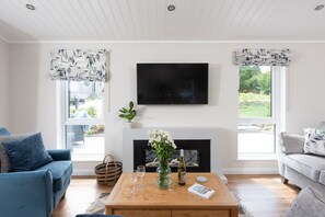 A modern living room with a fireplace, a television mounted on the wall, and two sofas. - Orchid Lodge, 23 Roadford Lake Lodges (Lifton)