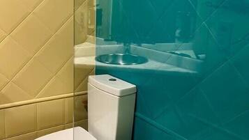 A bathroom with a toilet, sink, and a shower area.