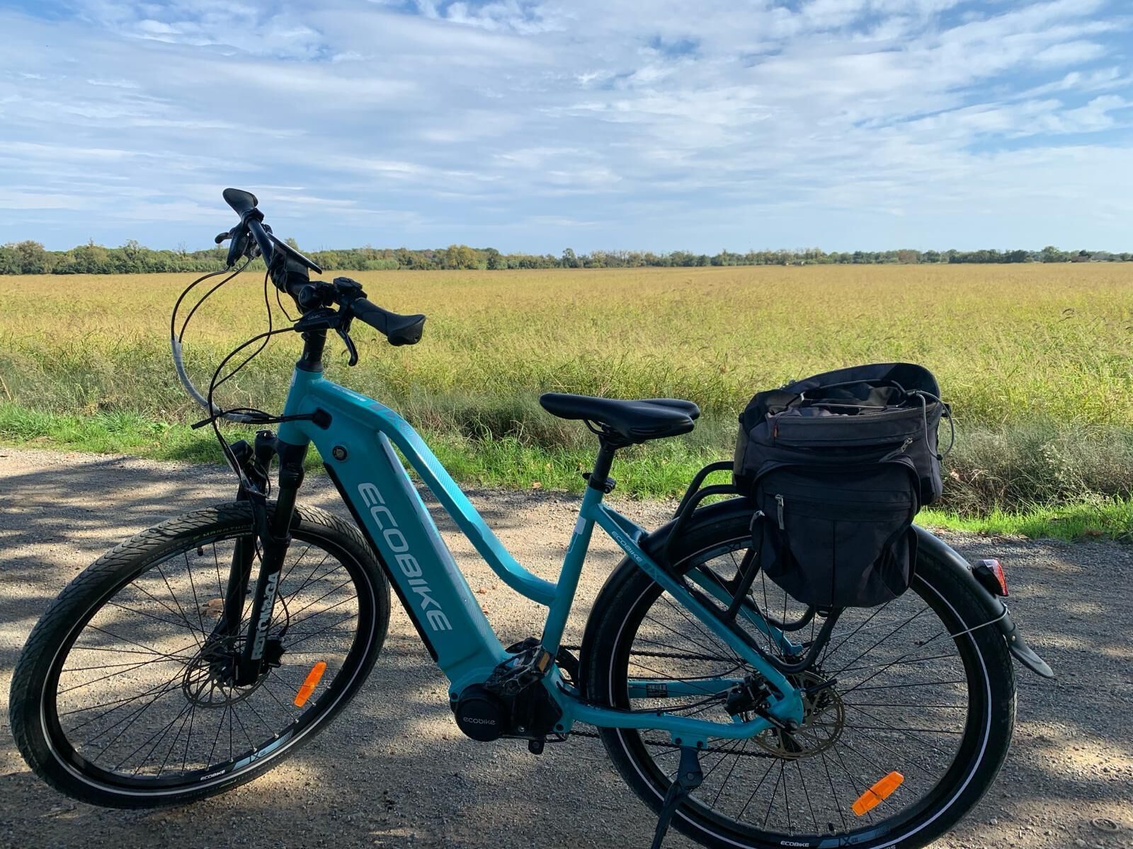 Una bicicleta color turquesa con un bolso negro sujeto a la parte trasera, estacionada en un camino de grava con un campo al fondo.