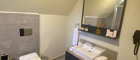 A modern bathroom with a toilet, sink, and mirror.