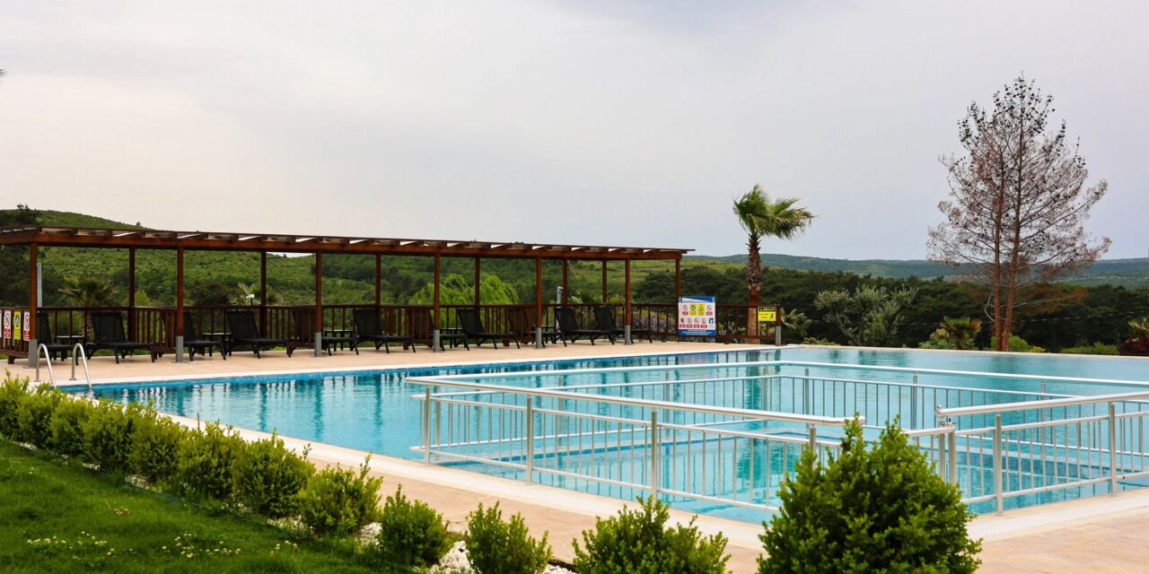 A rectangular swimming pool with a wooden pergola and lounge chairs, surrounded by greenery and hills.